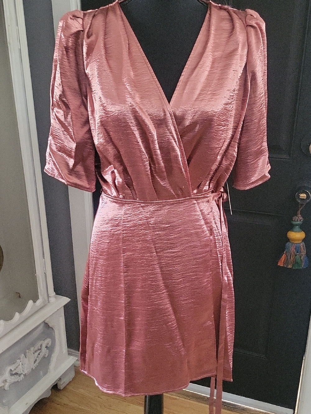 Express Satin Wrap Dress in Mauve Pink